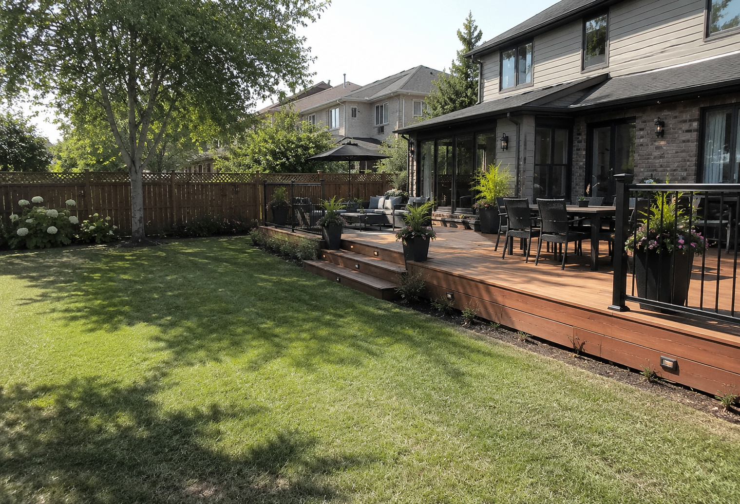 Backyard deck overlooking lawn and gardens